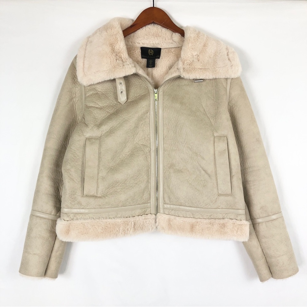 House of Harlow Faux Shearling Jacket Tan Buckle Size L